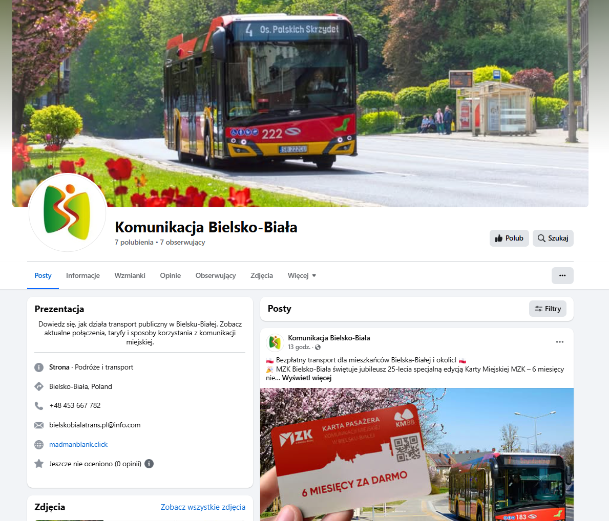 Fałszywy profil Komunikacji Miejskiej w Bielsku-Białej na Facebooku