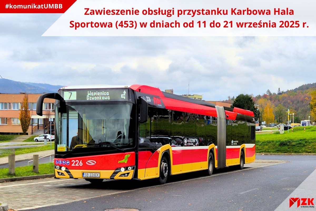 Zawieszenie obsługi przystanku Karbowa Hala Sportowa (453) w dniach od 11 do 21 września 2025 r.