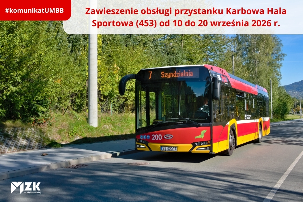 Zawieszenie obsługi przystanku Karbowa Hala Sportowa (453) w dniach od 10 do 20 września 2026 r.