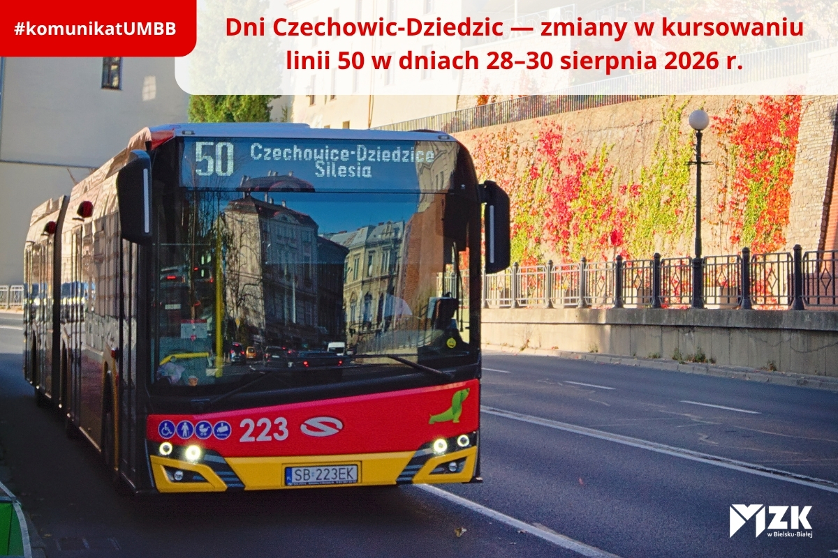 Dni Czechowic-Dziedzic — zmiany w kursowaniu linii 50 w dniach 28–30 sierpnia 2026 r.